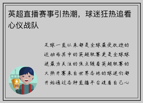 英超直播赛事引热潮，球迷狂热追看心仪战队