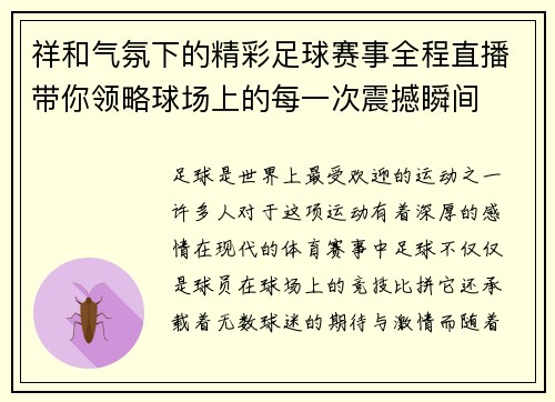 祥和气氛下的精彩足球赛事全程直播带你领略球场上的每一次震撼瞬间
